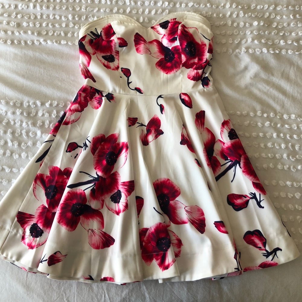 Strapless white dress with pink and red floral